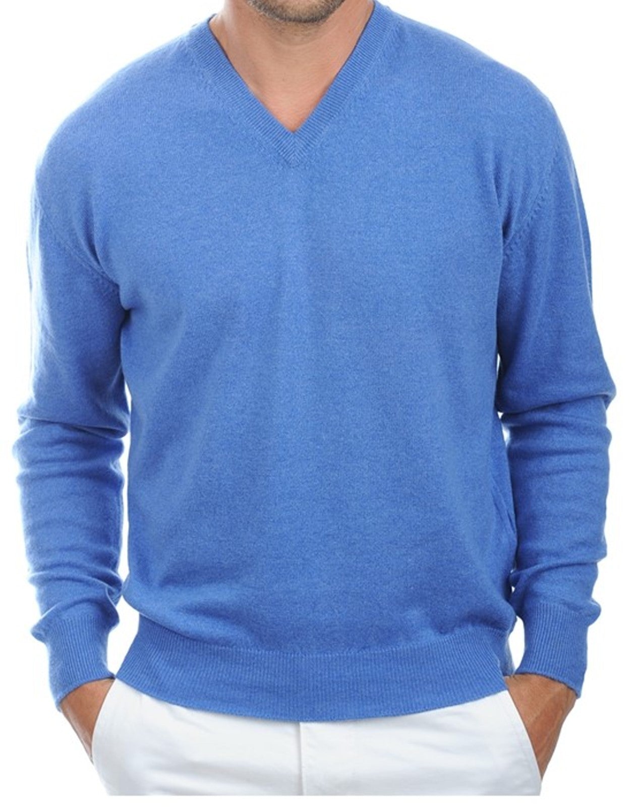 Balldiri 100% Kaschmir Herren Pullover V-Ausschnitt 2-fädig blau meliert M