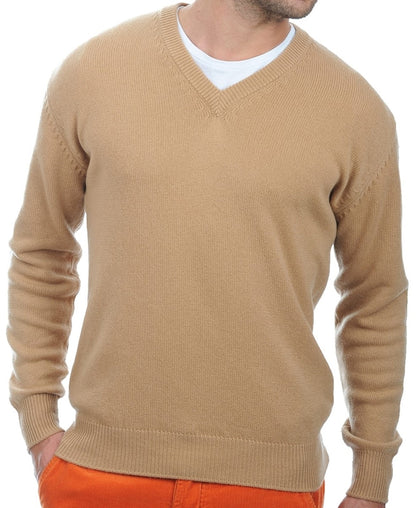 Balldiri 100% Kaschmir Herren Pullover V-Ausschnitt 4-fädig camel 3XL