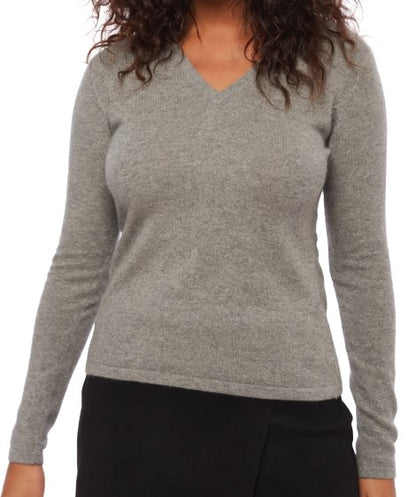Balldiri 100% Kaschmir Pullover Damen V-Ausschnitt 2-fädig grau XL - Balldiri & Windhound
