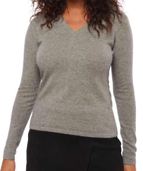 Balldiri 100% Kaschmir Pullover Damen V-Ausschnitt 2-fädig grau XL - Balldiri & Windhound