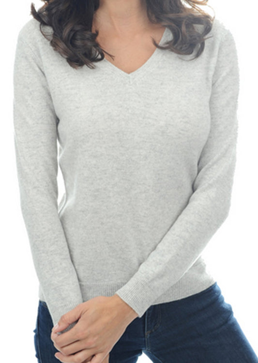 Balldiri 100% Kaschmir Pullover Damen V-Ausschnitt mit Bündchen 2-fädig hellgrau L - Balldiri & Windhound