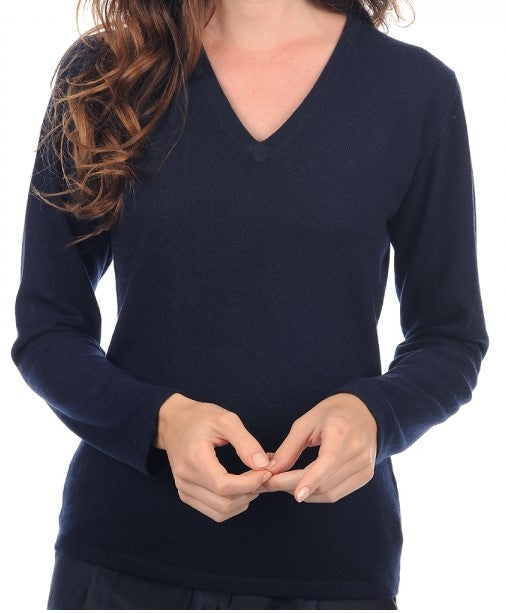 Balldiri 100% Kaschmir Pullover Damen V-Ausschnitt 2-fädig nachtblau L - Balldiri & Windhound